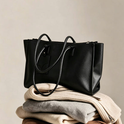Glattes veganes Leder strukturiert Top-Zip Tote mit doppelten gerollten Griffen und Gepäckanhänger