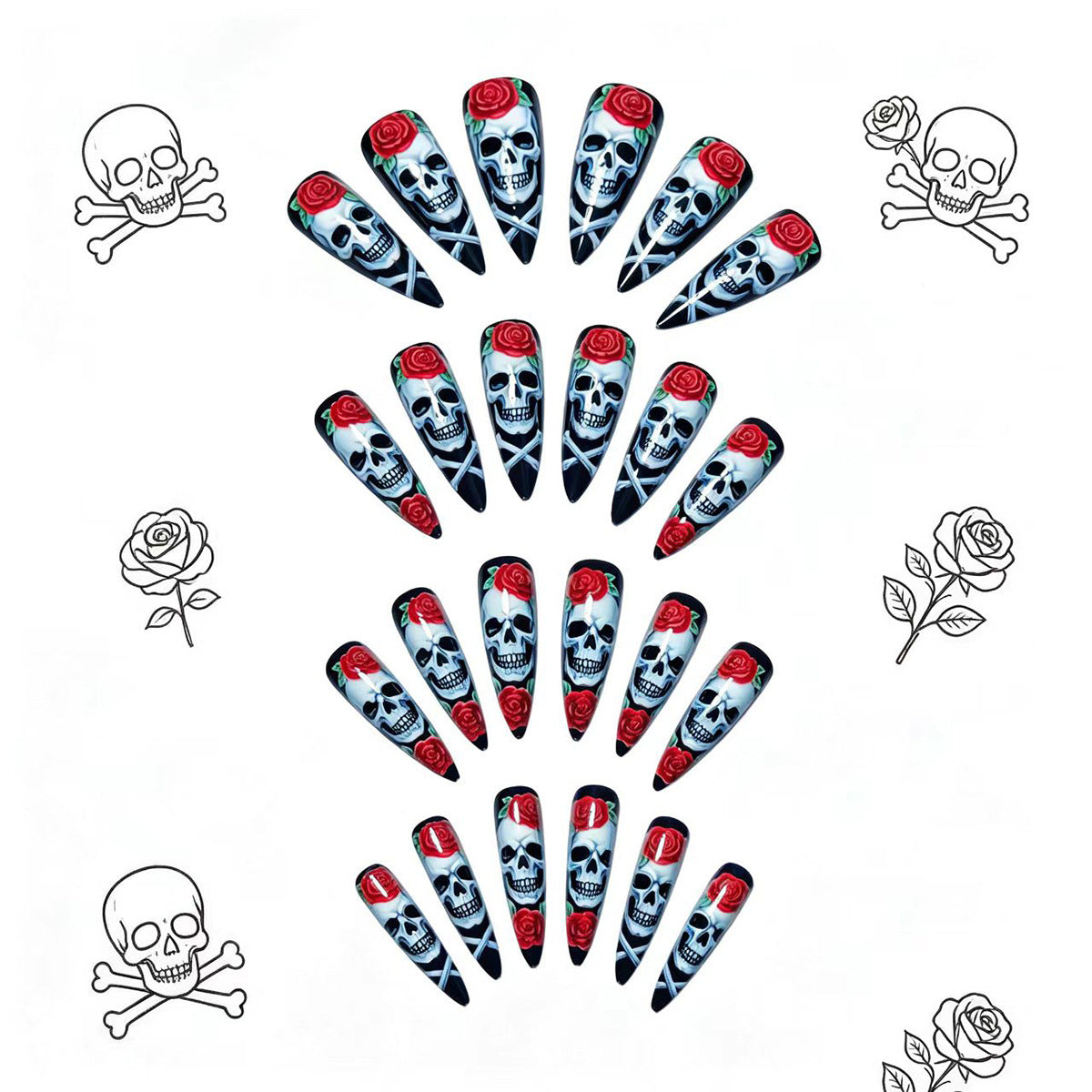 Kunstnägel mit Kreativem Totenkopf- und Rosenmotiv Brehn