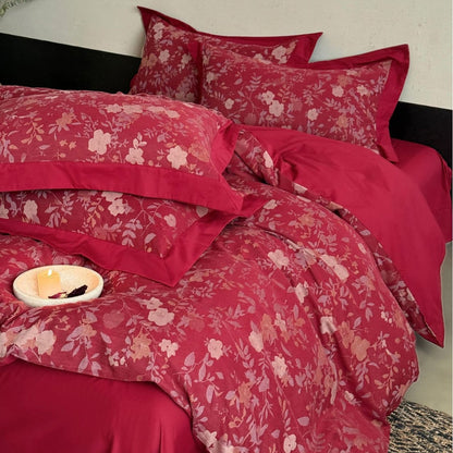 Premium-Bettwäschegarnitur aus Baumwollsatin mit floralem Jacquard und eleganter Leinenkante Brehn