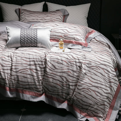 Luxuriös Wendbares Zebra-Print Baumwollsateen Bettwäsche Set mit Satin-Bordüre Kissenbezügen