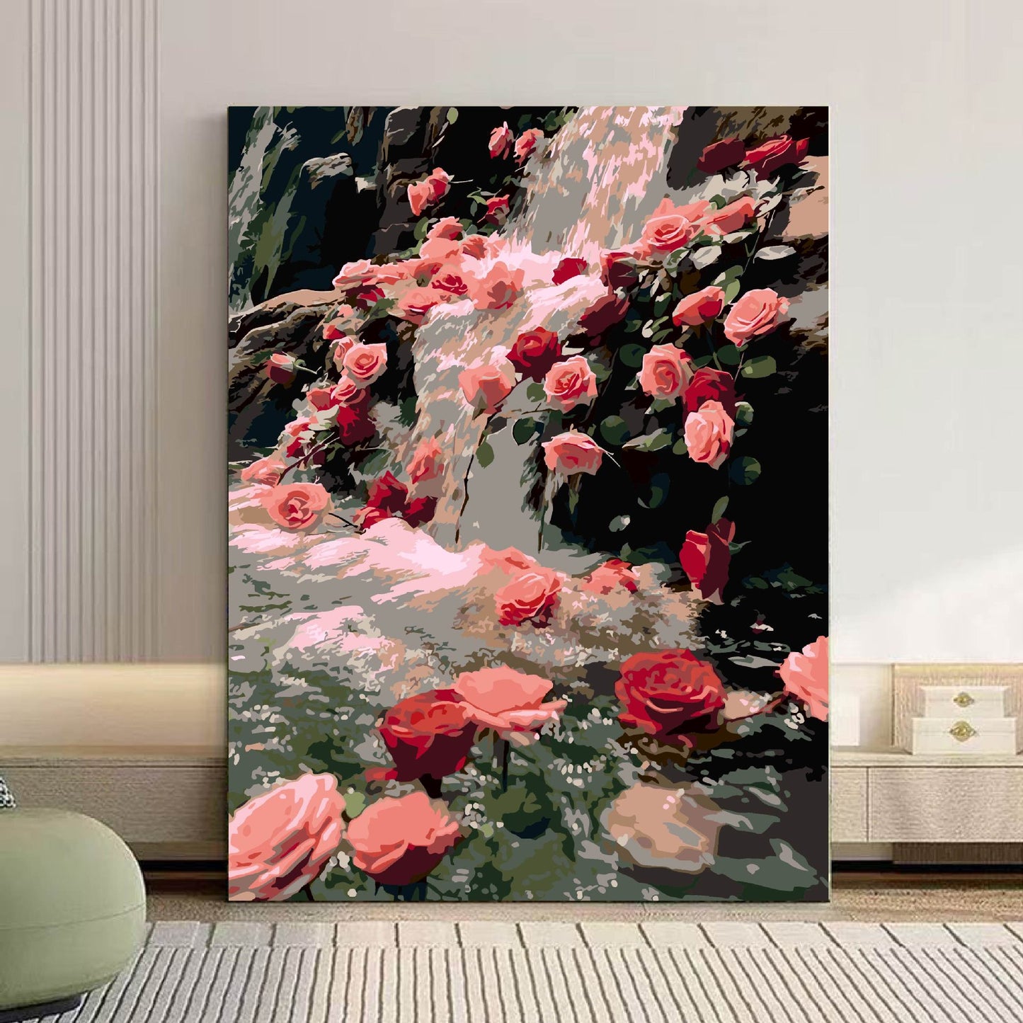 Gemütliche Katze und floral inspiriertes Leinwandkunstwerk Brehn