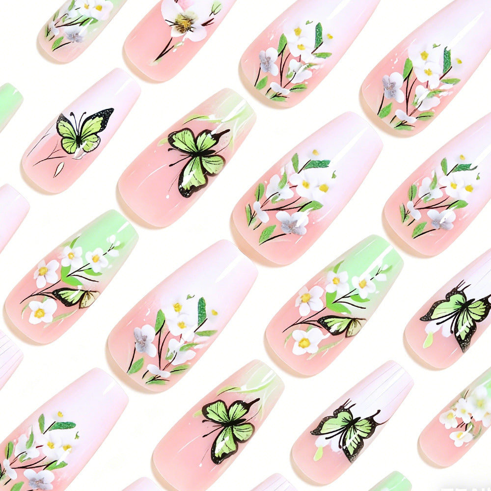 Künstlerisches Schmetterlings- und Blumen-Press-On-Nagelset Brehn