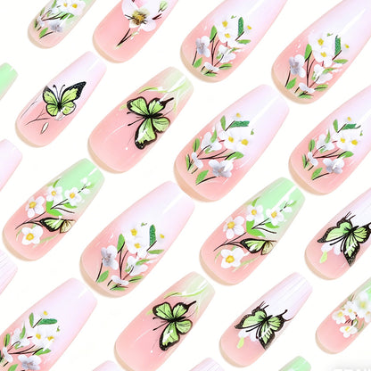 Künstlerisches Schmetterlings- und Blumen-Press-On-Nagelset Brehn