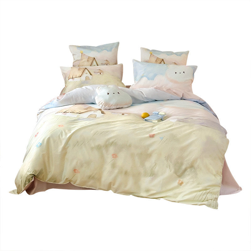 Weiches Mikrofaser-Bettbezug- und Kissenbezug-Set mit plüschigem Wolkenkissen und Aquarell-Häuserdruck