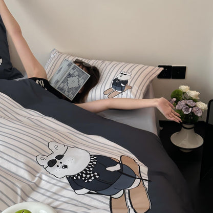 Bettwäsche-Garnitur aus Baumwollsatin mit Teddybär- und Frühstücks-Print
