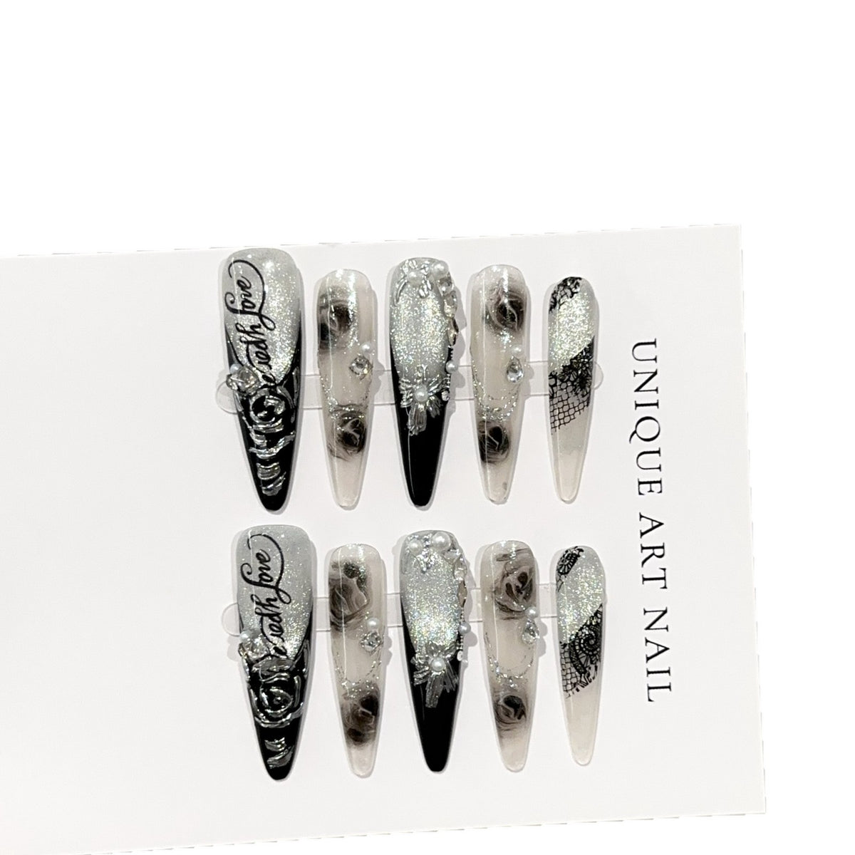 Elegantes Stiletto Press-On Nagelkunstset mit floralem und edelsteinartigem Akzenten