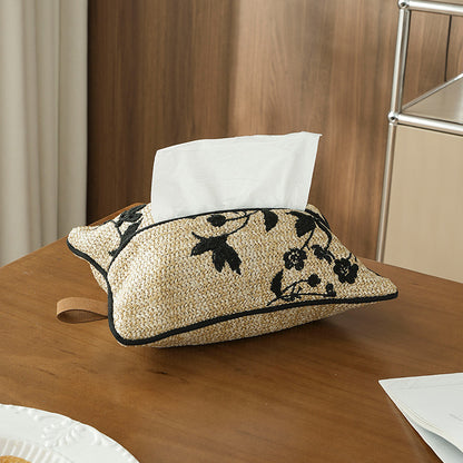 Gewebte Taschentuchbox-Hülle in Stroh-Optik mit besticktem Blumenmotiv Brehn