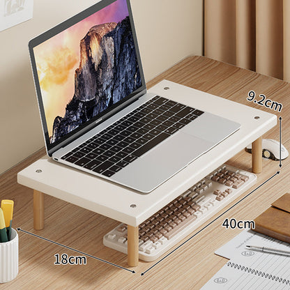 Kompakte Desktop-Laptop- und Monitorerhöhung mit Untertischstauraum und Holzbeinen
