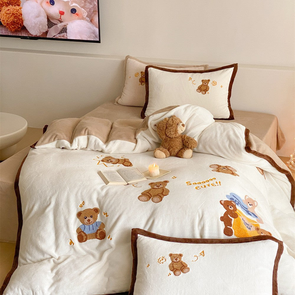 Kuschel-Bettwäscheset mit gestickten Teddybär-Motiven