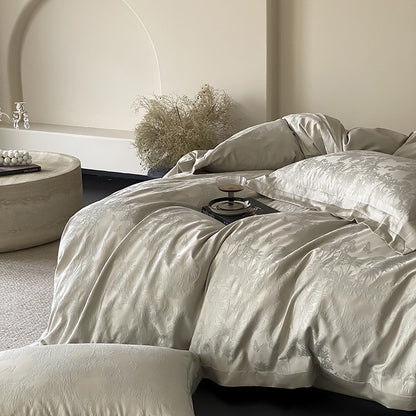 Luxuriöse Bettwäsche-Garnitur aus Jacquard-Satin mit floralem Reliefmuster