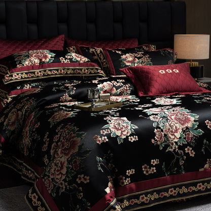 Luxus Satin Floral Jacquard Bettbezug Set mit gesteppter Kissenhülle & dekorativen Kissen