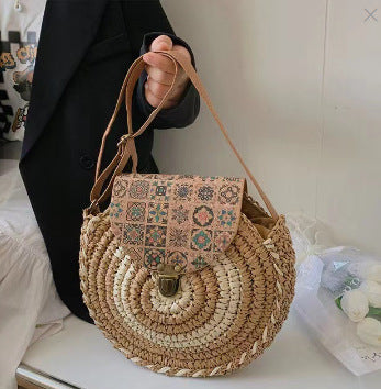 Runde Basttasche mit Verstellbarem Lederband Brehn