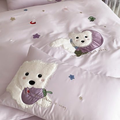 Plüsch Applikation Welpe Satin-Feeling Bettbezug Set