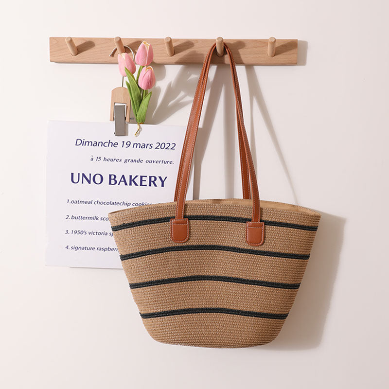 Elegante Bast-Handtasche mit Ledergriffen Brehn
