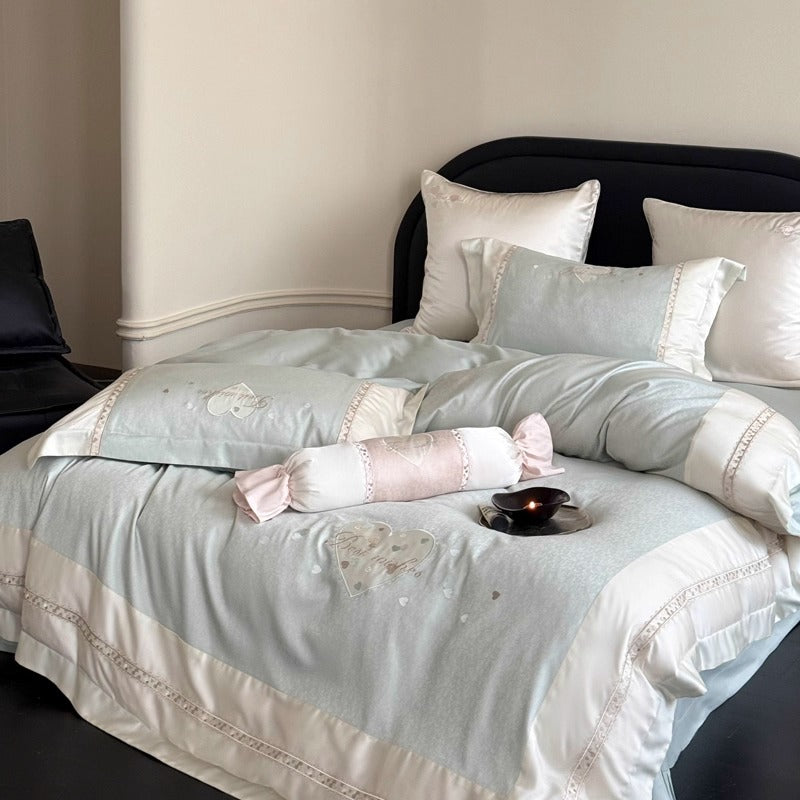 Bestickte Satinbesatz Baumwollsatin Bettbezug Set mit dekorativem Bolster