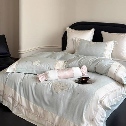 Bestickte Satinbesatz Baumwollsatin Bettbezug Set mit dekorativem Bolster