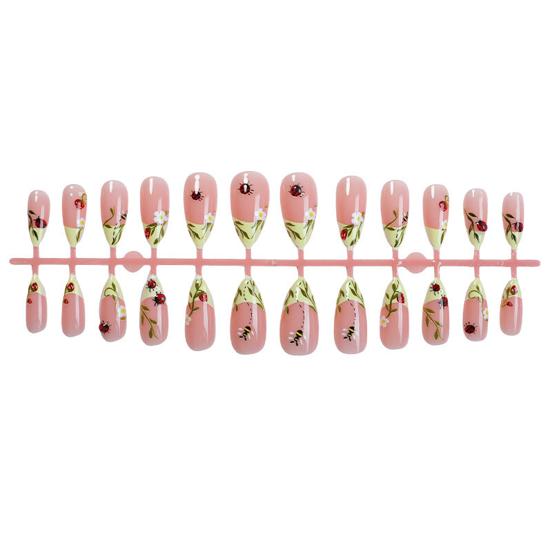 Floral Print Press-On Nails Set with Ladybug and Bee Designs Brehn