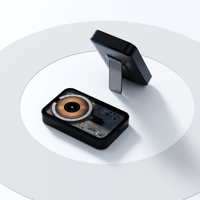 Tragbare Powerbank mit innovativer kabelloser Ladefunktion und integriertem Standfuß Brehn