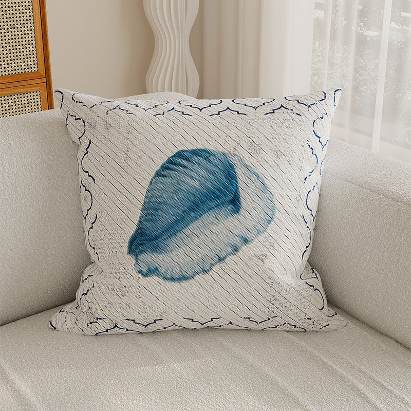 Decorative Coastal Shell Print Square Throw Pillow Cover with Textured Woven Fabric