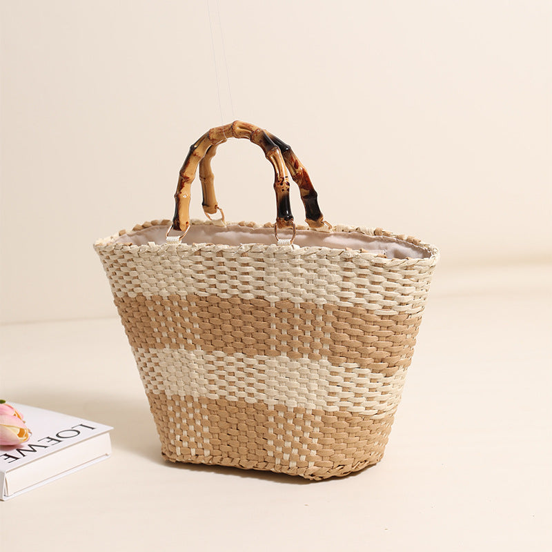Geflochtene Basttasche mit Bambusgriff und Dekorativem Futter Brehn