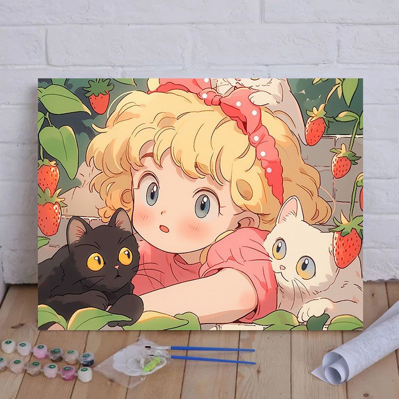 Cartoon Cat und Mädchen Themenleinwand Malset nach Zahlen Brehn