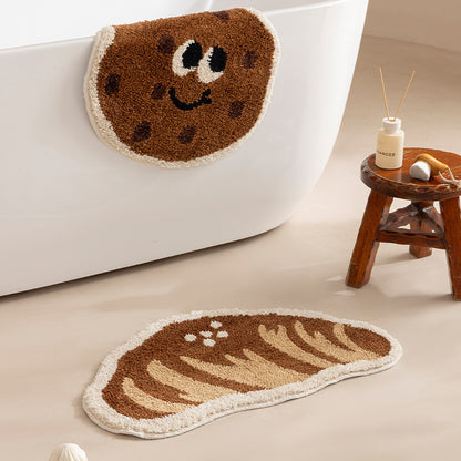 Badezimmer‑Badematten‑Set Brehn mit handgetuftetem Keks- und Brot‑Design, weichem Mikrofaser‑Flor und rutschfester Gummiunterseite