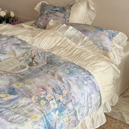 Florales Aquarell Satin Rüsch Bettdeckenbezug Set