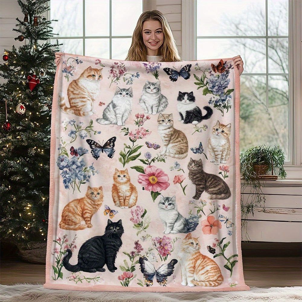 Floral Cat Print Fleece Decke