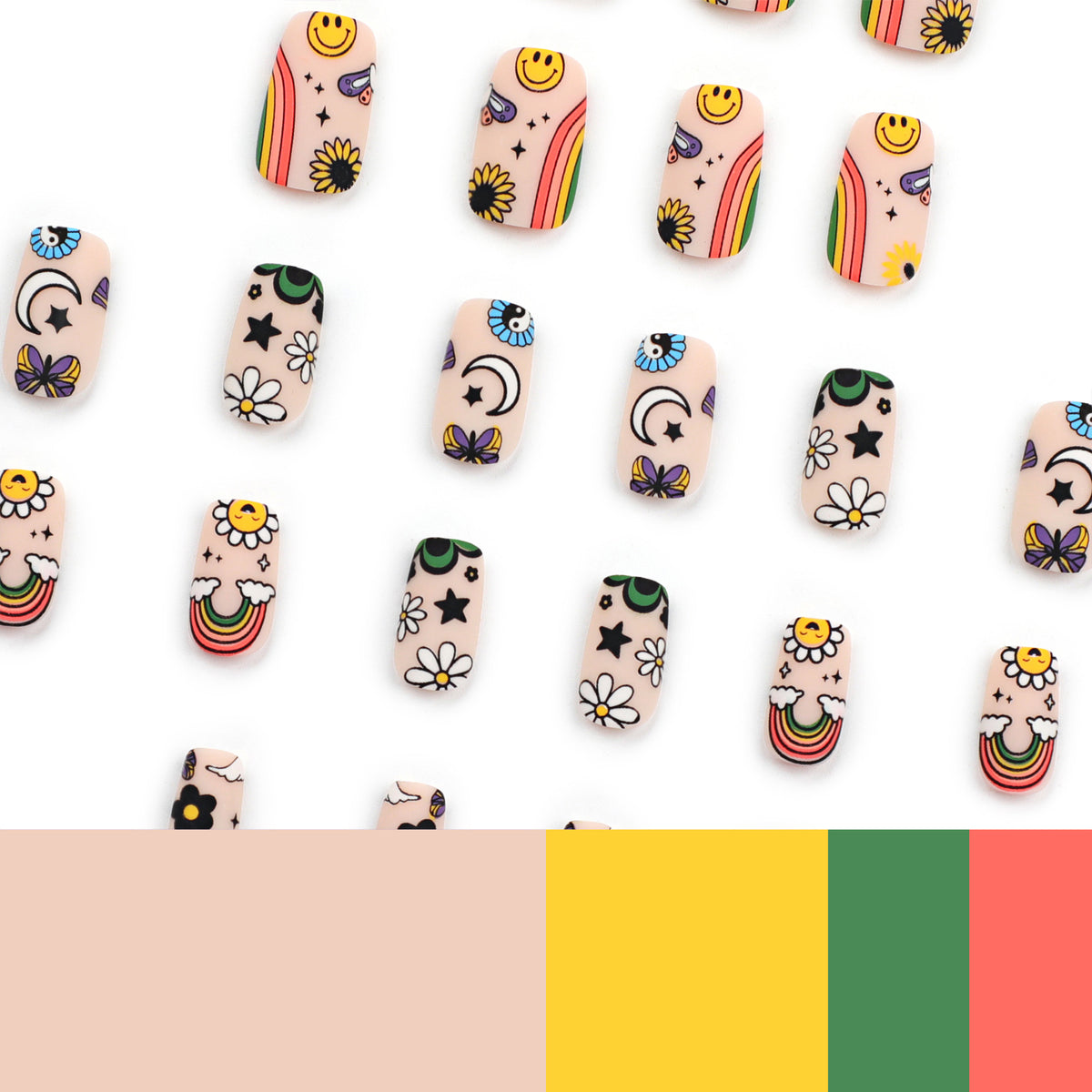 Künstliche Nagelkunst mit bunten Motiven und kreativem Dekor Brehn