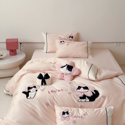 Baumwollsatin bestickte Katzen Bettbezug Set