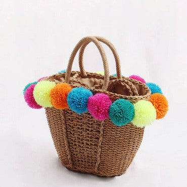 Damen Strandtasche mit bunten Pompons Brehn