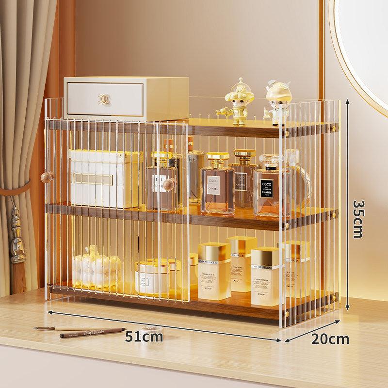 Mehrerebenen-Acryl-Parfüm- und Make-up-Displayregal mit schiebbaren Türchen mit goldenen Verzierungen