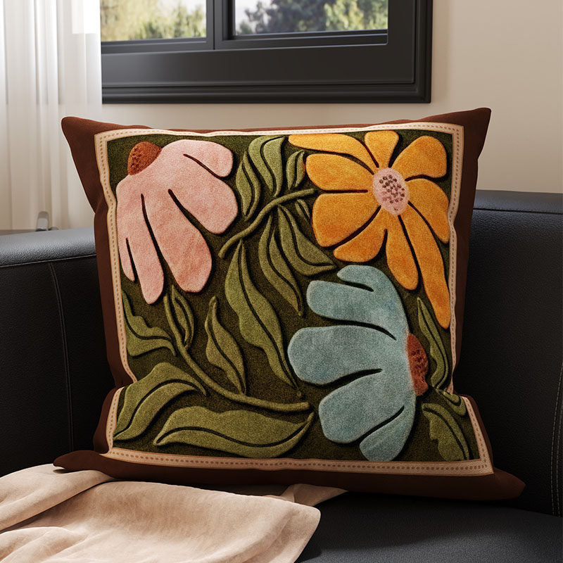 Decorative Tufted Velvet Throw Pillow Cover with Raised Floral Appliqué