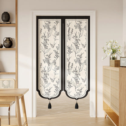 Decorative Split Noren Door Curtain Panel with Floral Jacquard and Tassel Weights
