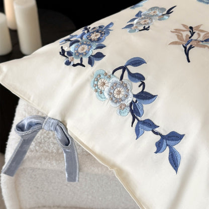 Bestickte florale Baumwollsatin-Bettbezug-Sets mit Bindeschnüren