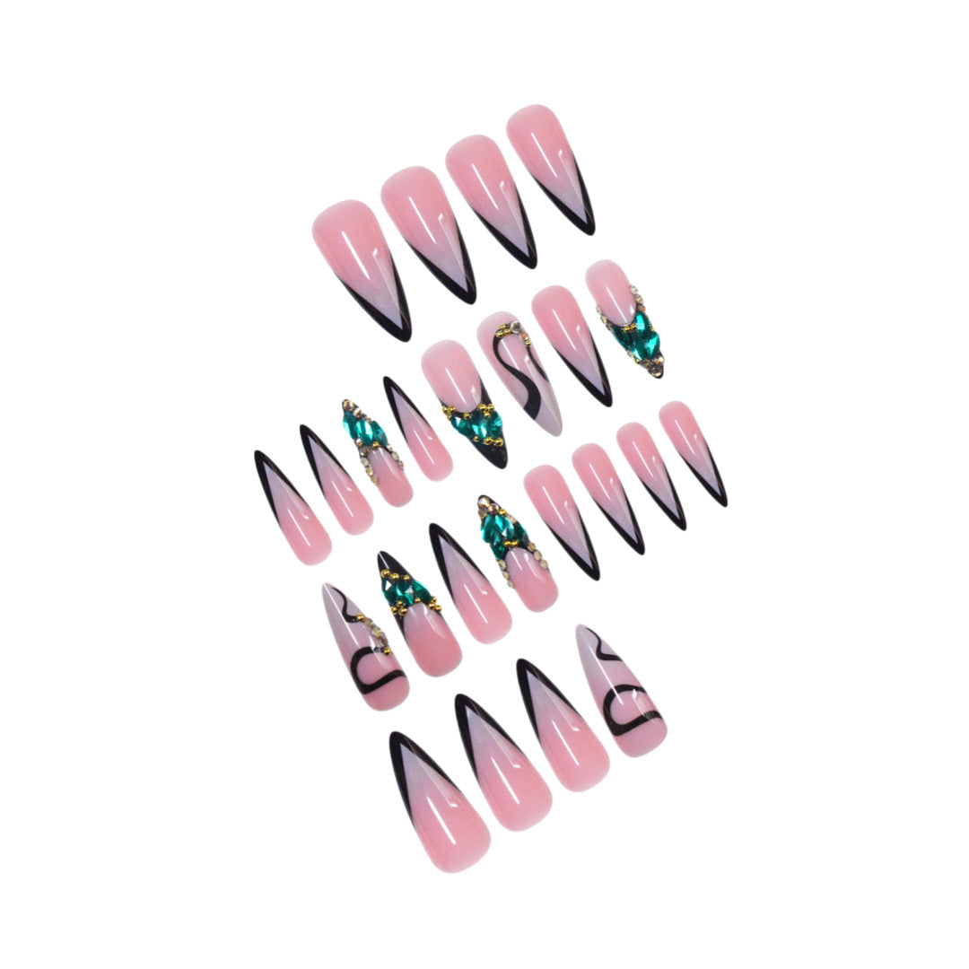 Künstlerische Stiletto Press-On Nagelkunst mit Edelsteinakzenten Brehn