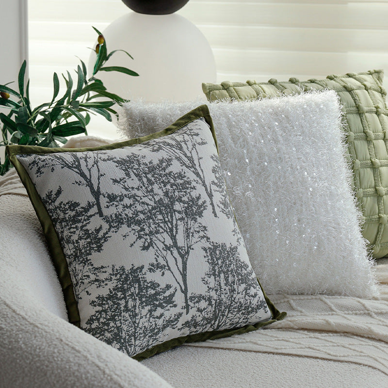 Quadratischer Jacquard-Kissenbezug mit fotorealistischem Baumrelief und samtiger Keder Brehn