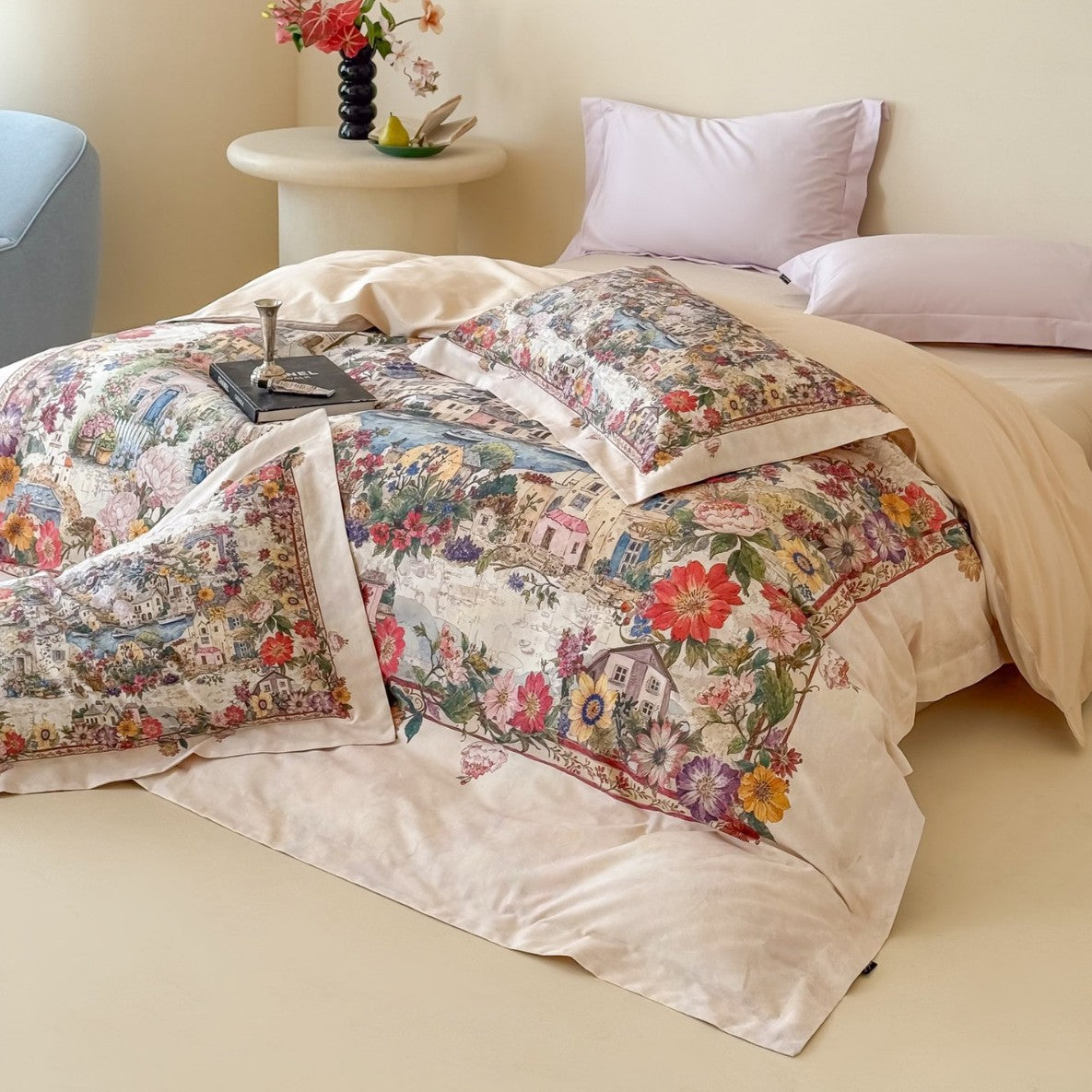 Umkehrbare Baumwollsatin Bettbezugset mit romantischem Aquarelldorf-Blumenmuster und Oxford-Kissenbezügen