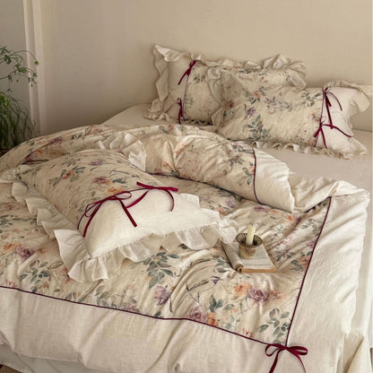 Romantisches Floral Baumwolle-Leinen Bettwäsche Set mit Rüschen Kissenbezügen und Bandbindungen