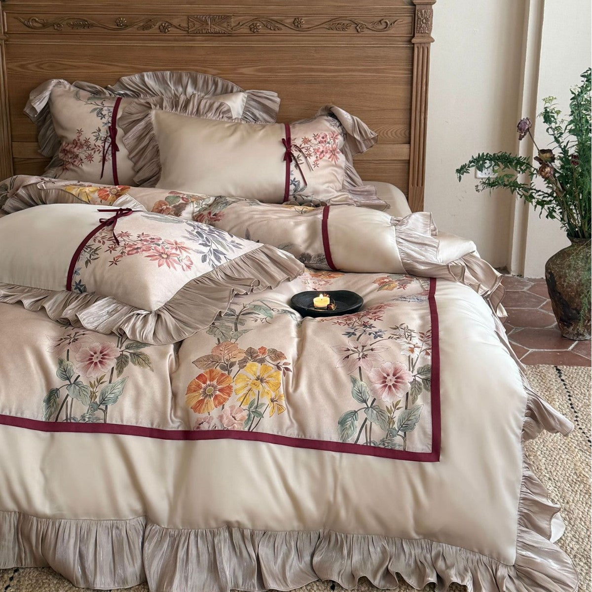 Romantisches Satin-Bettwäsche-Set mit Rüschen, Blumenstickerei und Wendefunktion