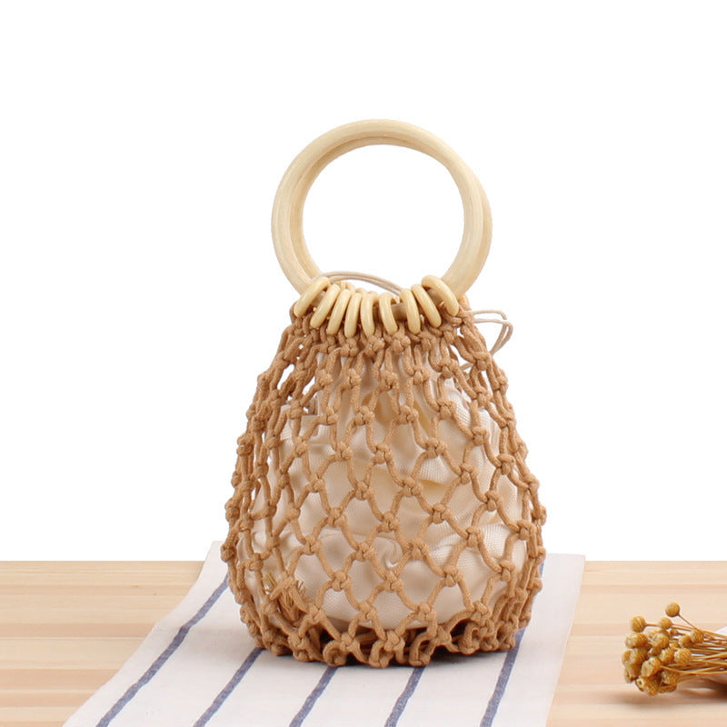 Tragetasche mit Handgeknüpftem Netzdesign und Holzgriff Brehn