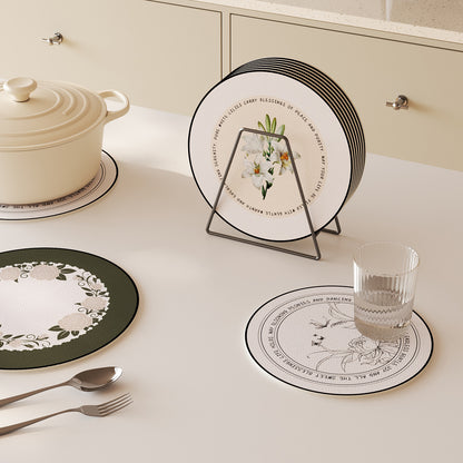 Round Decorative Leather-Look Drink Coaster with Embossed Floral Wreath