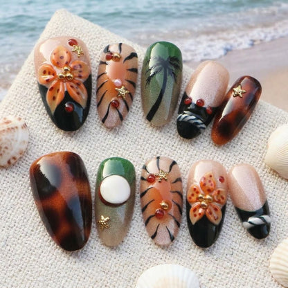 Tropisch inspiriertes handwerkliches Press-On Nagelset