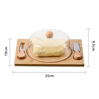 Bamboo Butter Dish with Glass Dome and Stainless Steel Spreaders