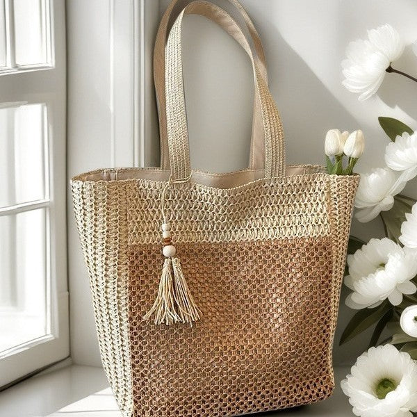 Handgefertigte Strohtasche mit Quasten Brehn