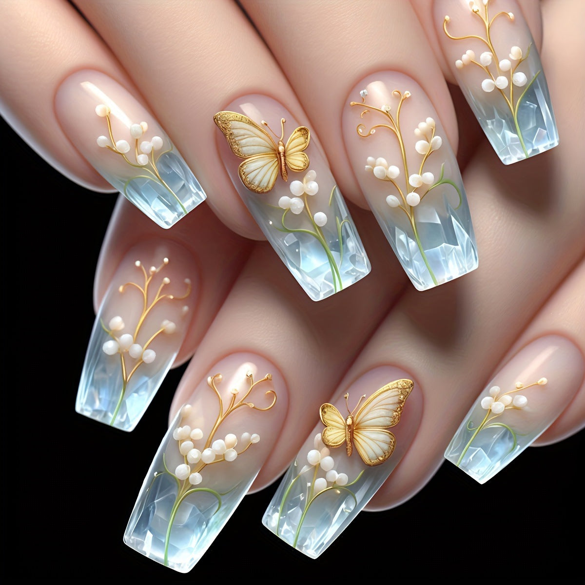 Kunstnägel mit Elegantem Blumen- und Schmetterlingsdesign Brehn