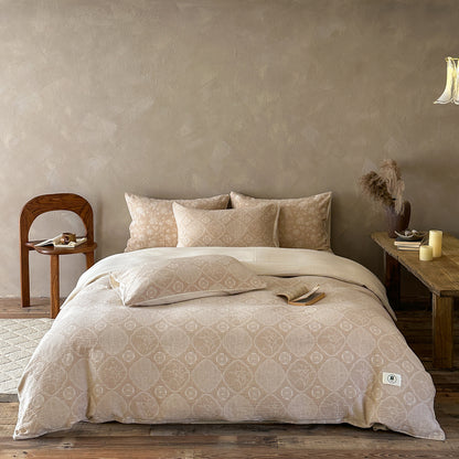 Luxuriöse Baumwoll-Leinen Bettwäschegarnitur mit leichter Steppstruktur und floralem Jacquard