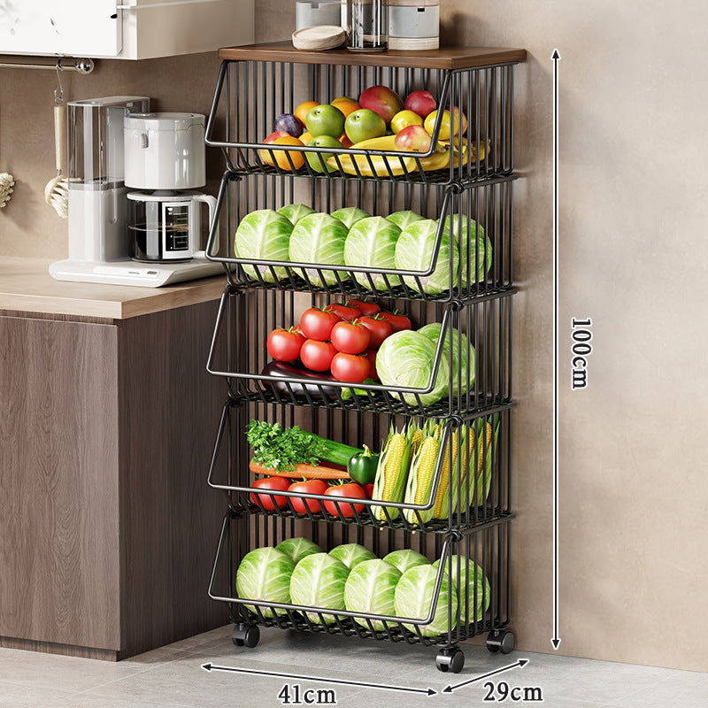 Multi-Ebenen Rollen Kücheneinkaufswagen für Obst und Gemüse mit Holzoberfläche