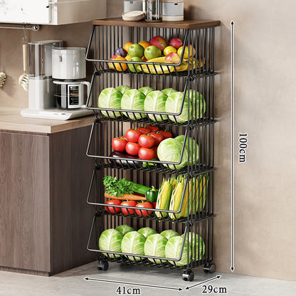 Multi-Ebenen Rollen Kücheneinkaufswagen für Obst und Gemüse mit Holzoberfläche