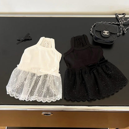 Zartes Spitzen-Tüll-Hundekleid mit gerippter Taille & Dekoration